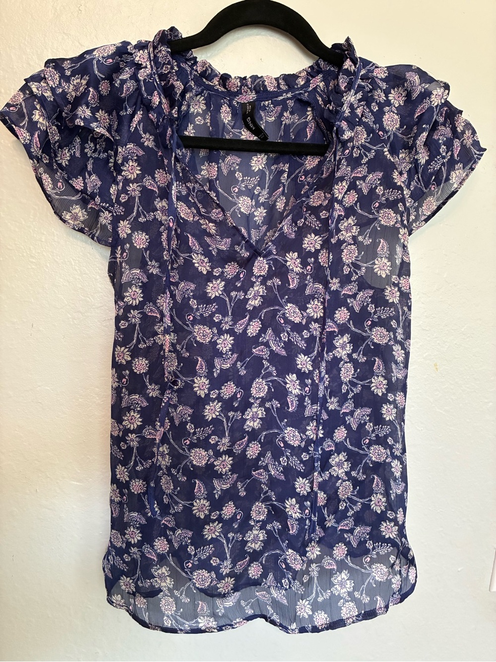 Mango Navy Floral Short-Sleeve V-Neck Blouse